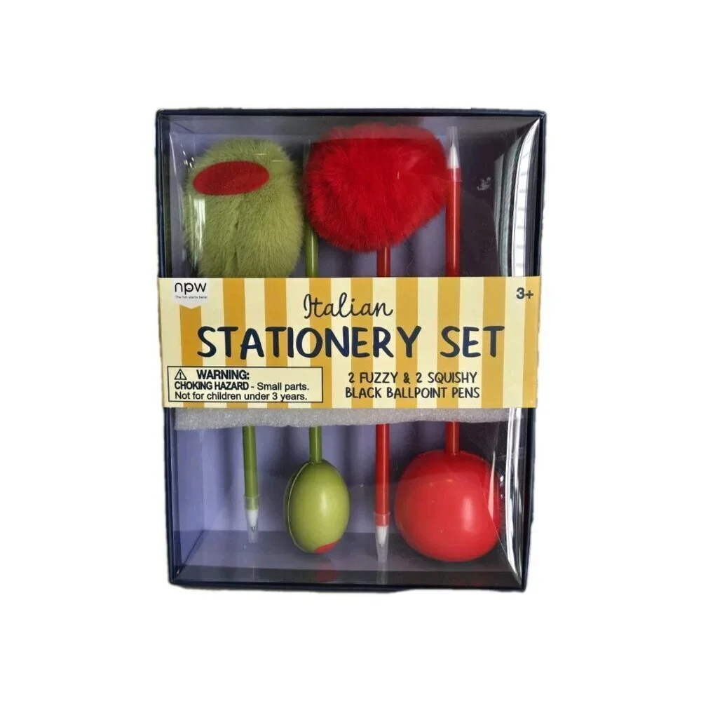 New Italian Stationery Set 2 Olive & 2 Tomato Black Ballpoint Pens Fuzzy Squishy